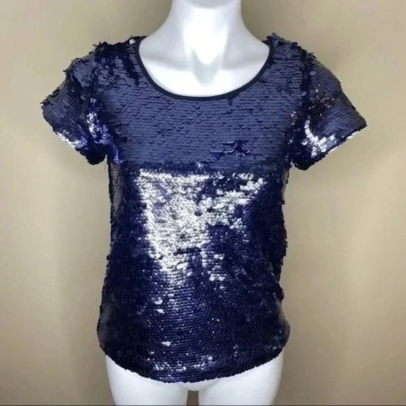 Anthropologie leifsdottir blue short sleeve sequin top XS - Picture 2 of 7
